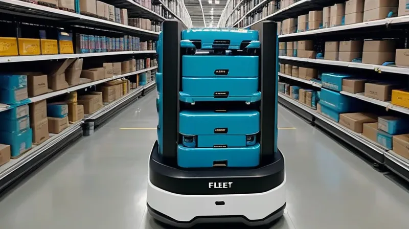 Amazon utilizza una flotta di 15.000 robot per trasportare interi scaffali di prodotti, come mostrato in